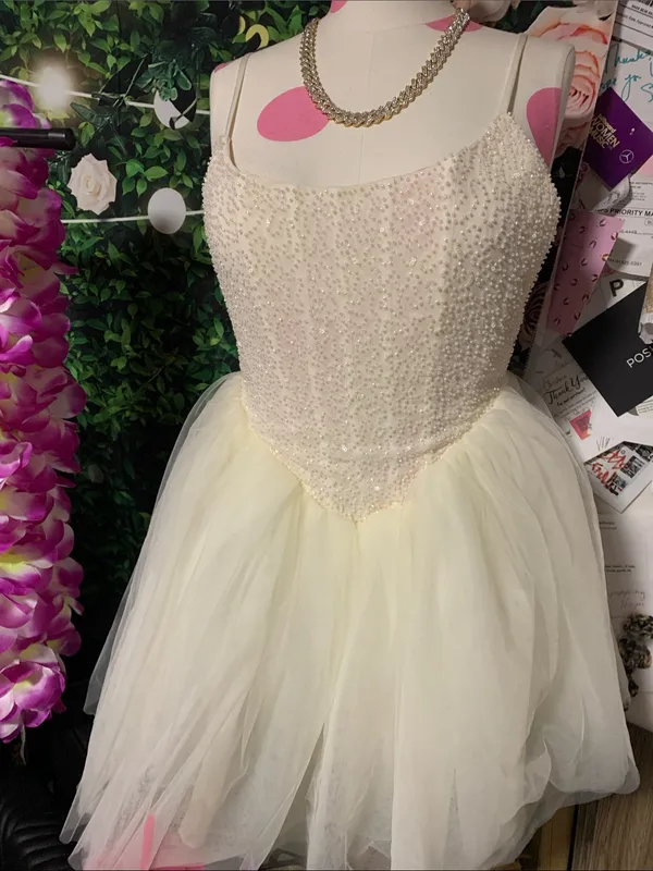 Oh Polly White Corset Ivory Beaded Tulle Spaghetti-Strap Dress - Image 8