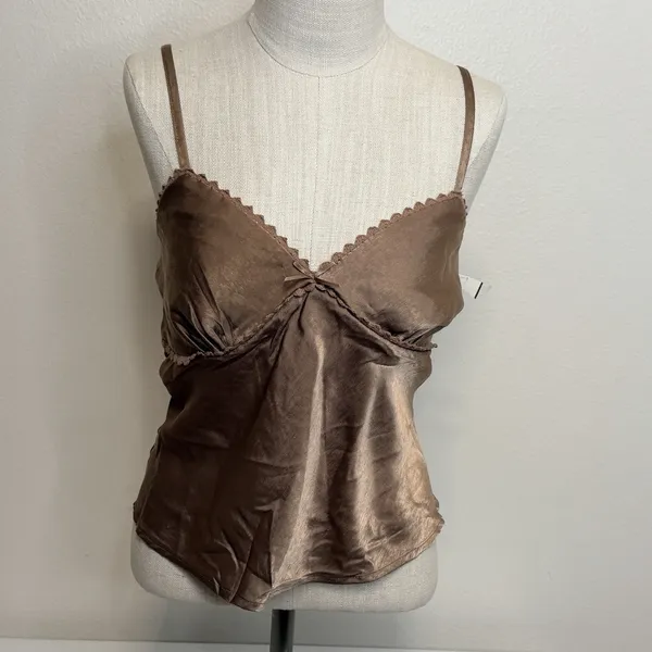 No Boundaries Babydoll Sz XXL Camisole Y2K Top Beige‎ Lace Trim Bow Detail - Image 4