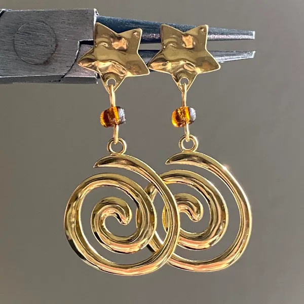 Handmade retro vintage boho funky grunge style fully stainless steel star & swirl dangle earrings☀️🌀 - Image 6