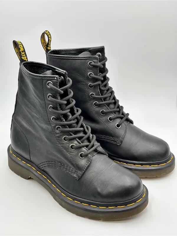 Dr. Martens Black Leather 8-Eye Lace-Up Boots with Yellow Stitching - Image 2