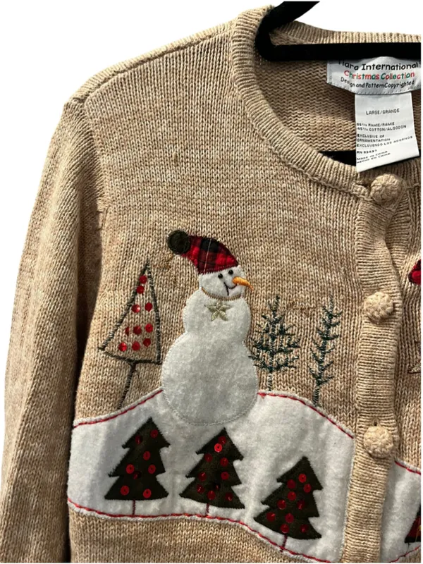 VTG Tiara International Christmas Sweater Cardigan L Tan Knit Snowman Tree Ugly - Image 6