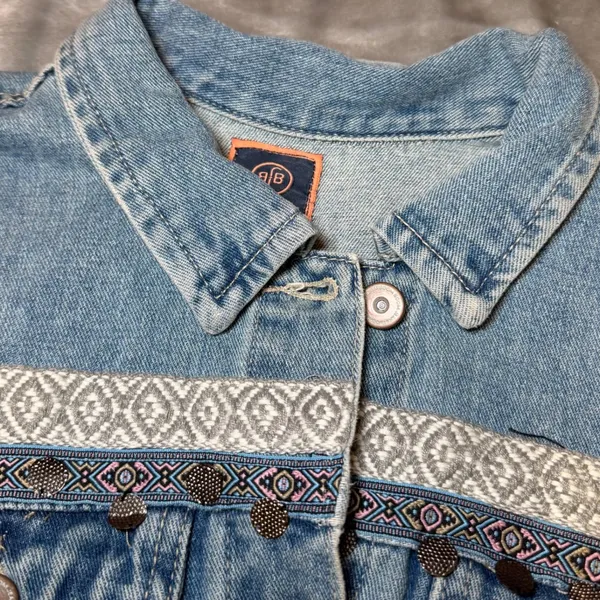 Boom Boom Jeans Womens Size Large Denim Jacket Blue Jean Boho Embroidered Fringe - Image 6