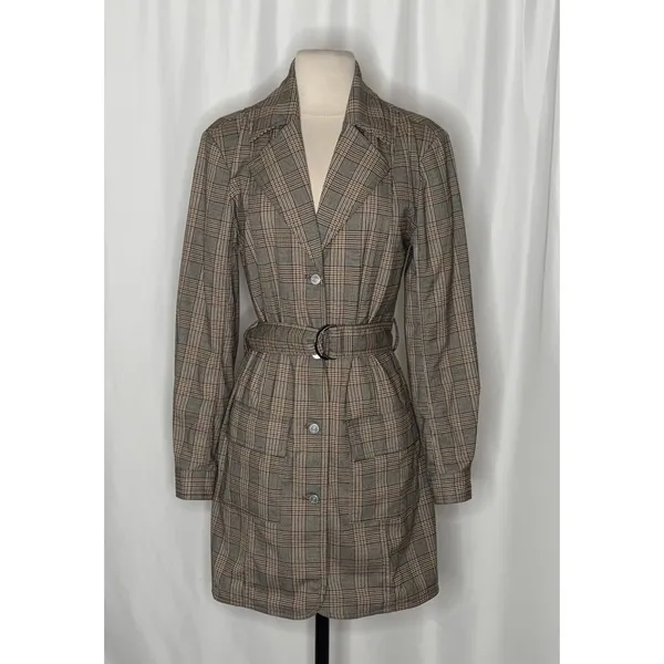 Anthropologie PILCRO Belted Blazer Dress Plaid Glen Check Brown Pockets Medium - Image 2