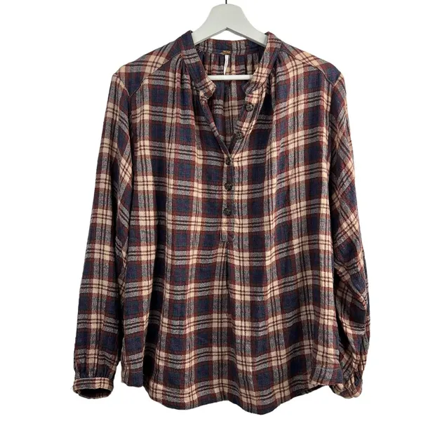 Free People Sz XS Button Front Shirt Northern Bound Plaid Flannel Onyx Oversized - Image 3