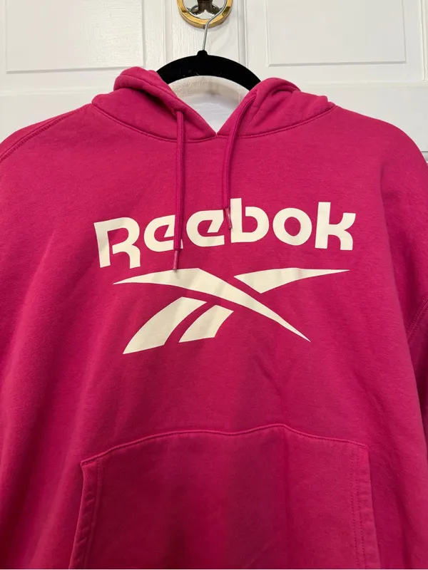 Reebok Pink White Graphic Hoodie Logo Pullover Sweatshirt‎ Size Large - Image 2