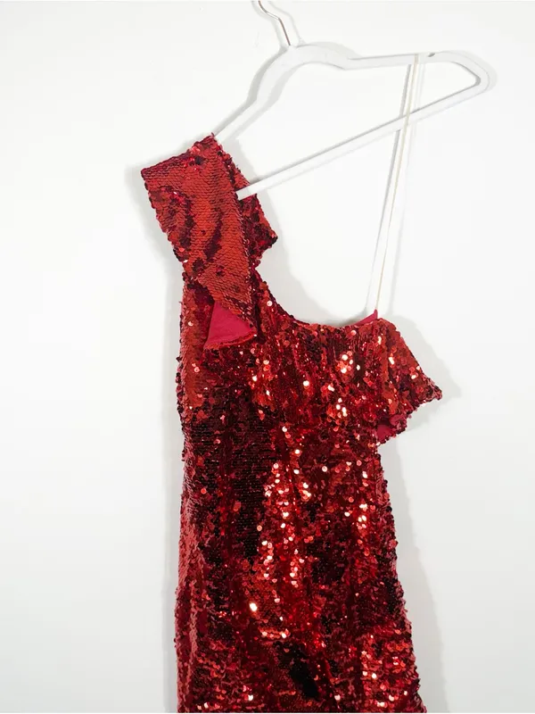 Leith Red Sequin One Shoulder Ruffle Mini Dress Size XXS - Image 4