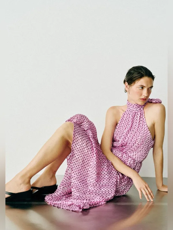 NWT Zara Polka Dot Halter Neckline Midi Pleated Satin Bloggers Fave Dress - Image 4