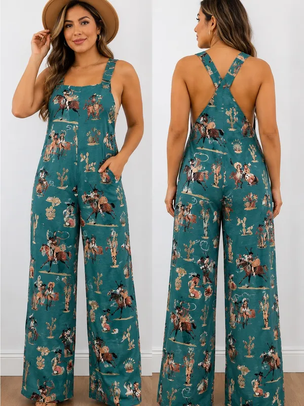 Teal Western Print Wide-Leg Jumpsuit - Image 2