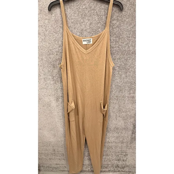 Bucket List Women Jumpsuit Large Tan Relaxed V-Neck Pocket Knit R5211 - Image 3