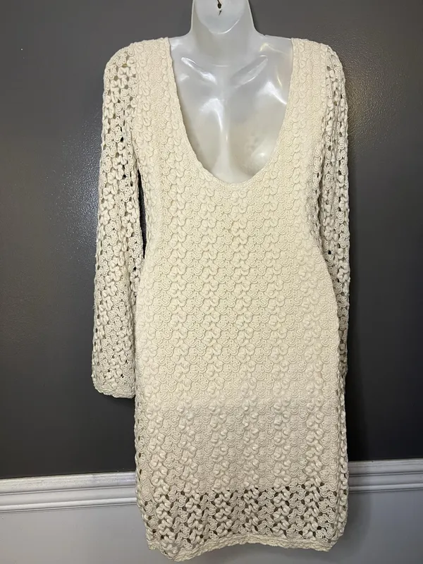 Free People Sweater Dress Womens Medium White Crochet Bell Sleeve Boho Mini - Image 6