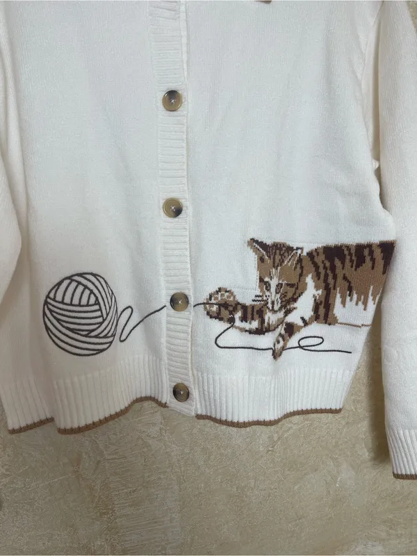 Anthropologie Calligraphie Novelty Knit Cat Sweater Cardigan Grandma Cream L - Image 3