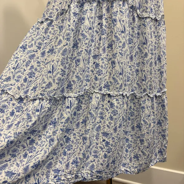 Baltic Born Crete Midi Dress Blue White Floral Toile Ruffle Tiered XL Cottage‎ - Image 8