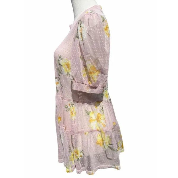 Meraki Mesh Tiered Tunic Top Women’s M Blush Pink Floral Puff Sleeve Cottagecore - Image 5