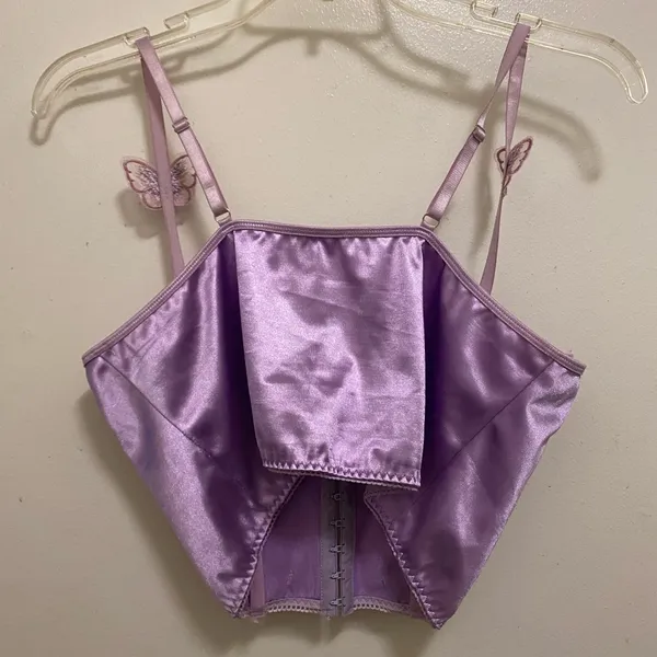 SheIn Lavender Purple Satin Corset Tank Top M Medium Butterfly Accents Butterflies - Image 6