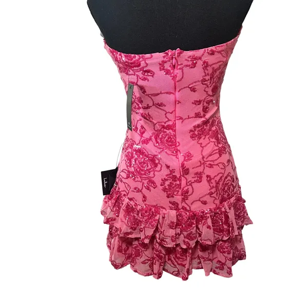 Lulus Pink Floral Sequin Strapless Tiered Ruffle Mini Dress XS NWT Homecoming - Image 6