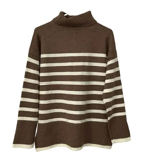 Line & Dot Stripe Pullover Tan & Cream Turtleneck Sweater(Size Medium) - Image 5
