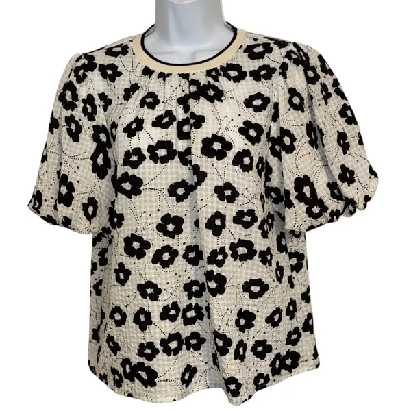 ANTHROPOLOGIE THML White & Cream With Black Floral Puff Sleeve Textured Top‎ S - Image 2