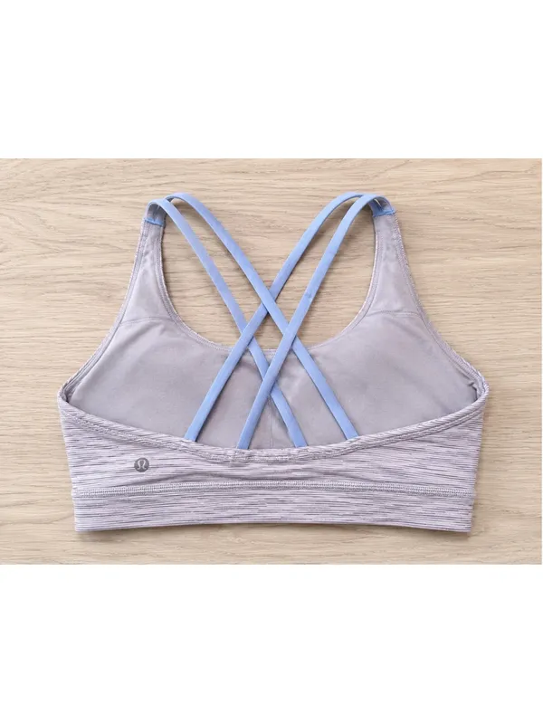 Lululemon Sports Bra Women’s Size 8 Gray Blue‎ Striped Criss Cross Straps - Image 2