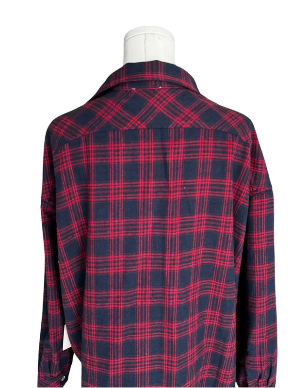 Superdown x Revolve - NWT Audriana Oversized Flannel Top Red Navy Plaid Sz S - Image 6