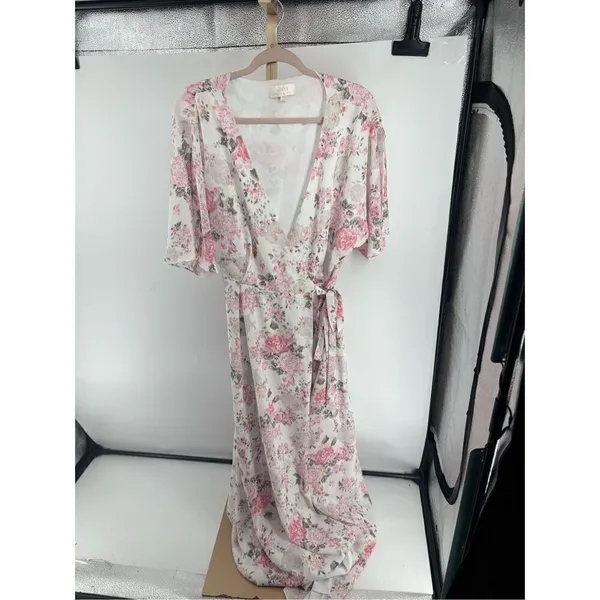 Wayf Pink Floral Wrap Dress Long 3/4 Sleeve Lined Size L - Image 12