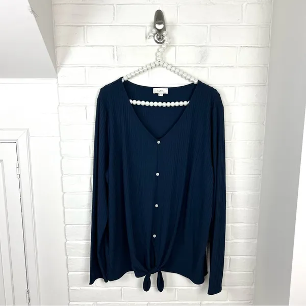 LOFT Navy Ribbed Knit Button Tie Front Long Sleeve Top Size XL - Image 2
