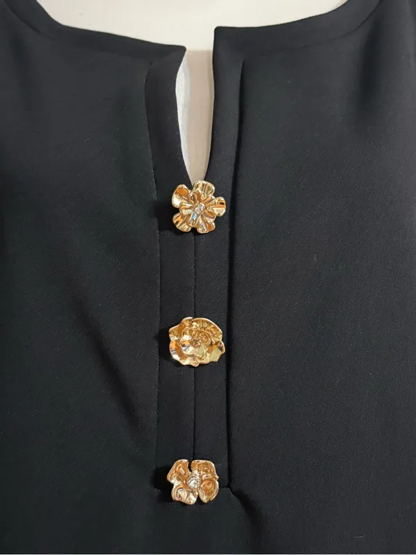 Karl Lagerfeld Black Sleeveless Shift Dress with Gold Floral Buttons - Image 3