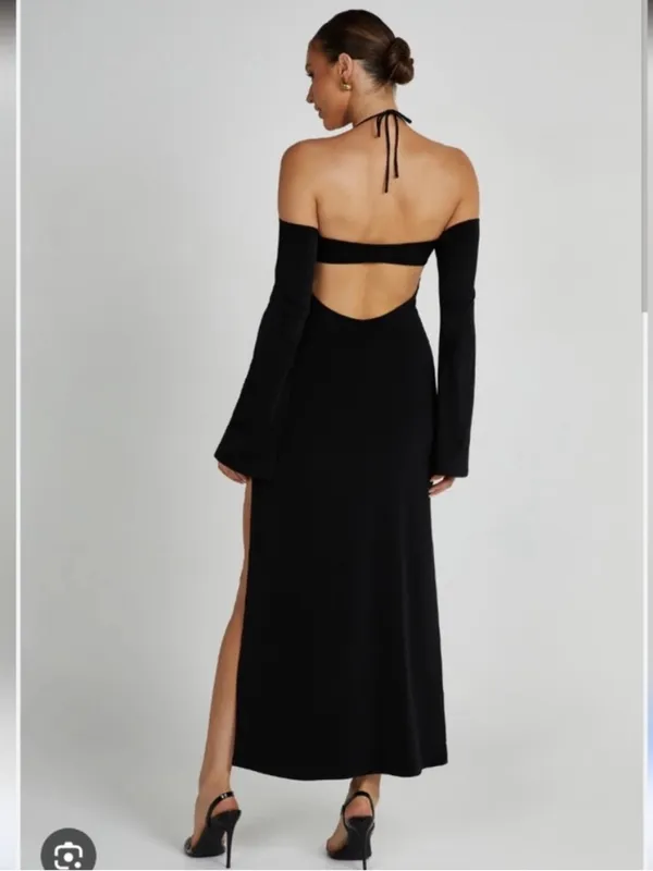 Meshki Tia Slinky Off Shoulder Flare Bell Long Sleeve Maxi Dress Black Size XS - Image 2