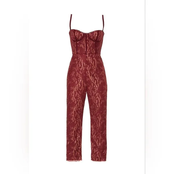 Rtr sz0 Katie May Venus Jumpsuit red wine lace gold shimmer metallic skinny 1 PC - Image 4