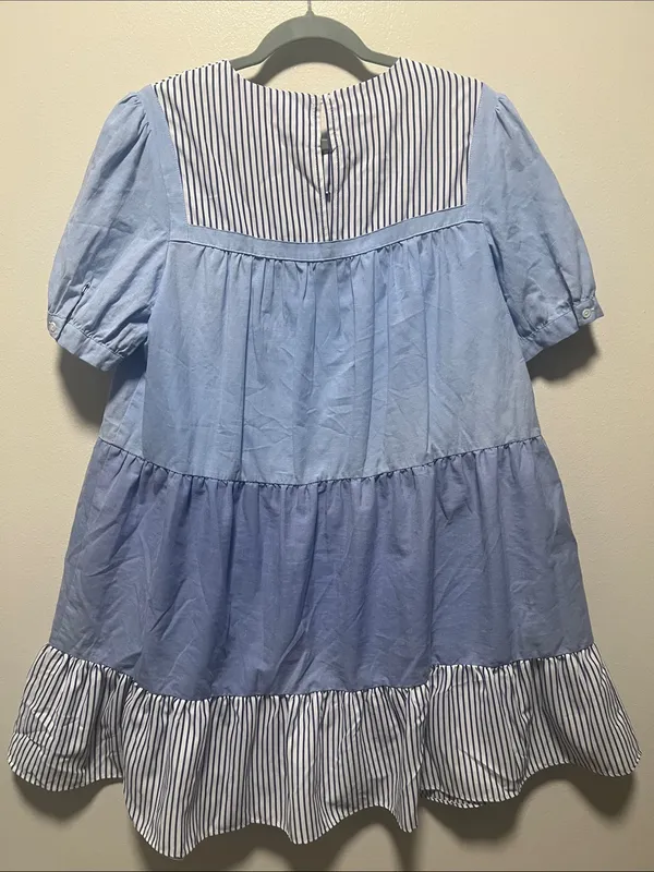 TUCKERNUCK Pomander Place Quinn Blue Striped Tiered Mini Dress, Size L - Image 7
