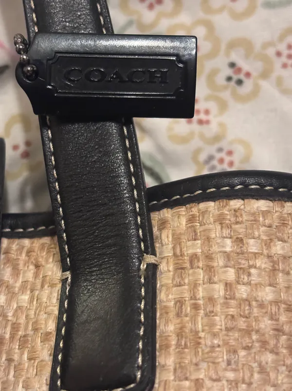Vintage Coach 6185 Straw Basket Tote Bag Black Leather Turnlock Y2K - Image 7