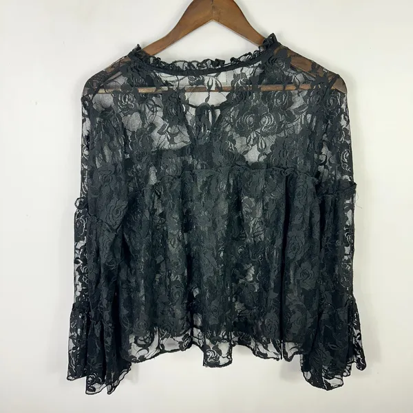 Shannon Ford New York S Black Lace Sheer Bell Sleeve Top Whimsigoth Fairy Grunge - Image 4