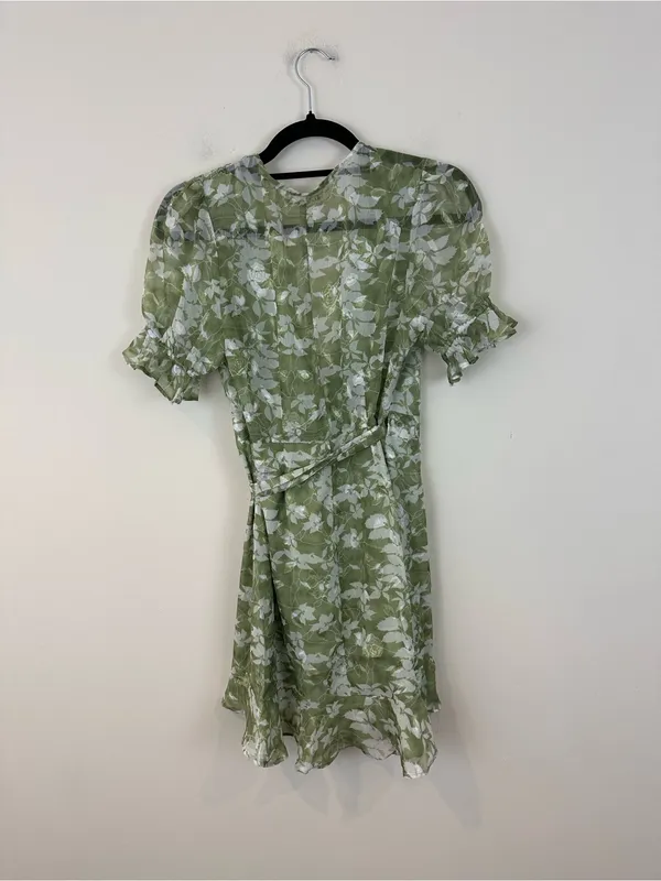 Here Comes the Sun Green Floral Wrap Dress Puff Sleeve Size Small - Image 6