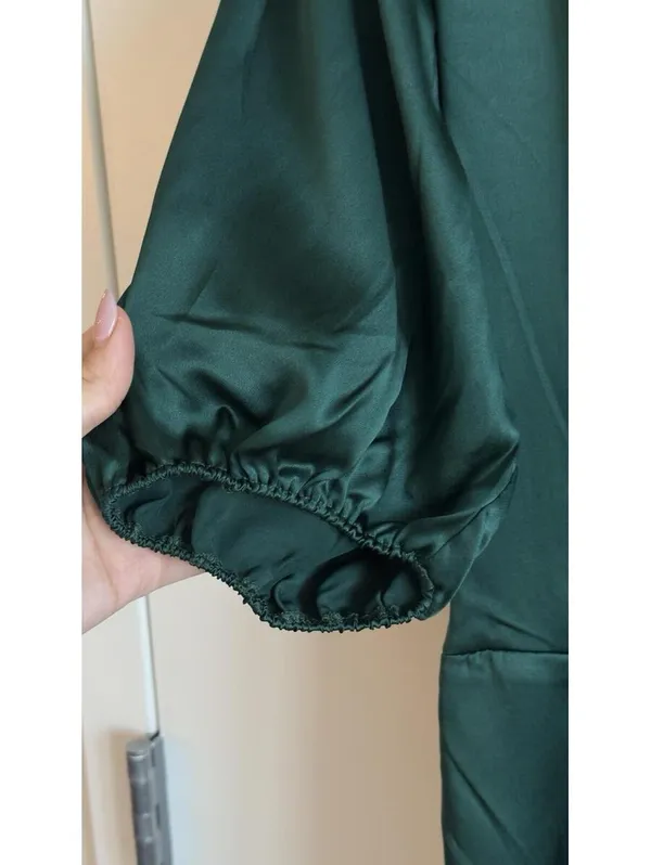Reformation 100% Silk Emerald Green Puff Sleeve Open Back Mini Dress 10 - Image 8