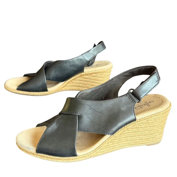 Clarks Lafley Alaine Wedge Sandals Womens 9.5 Black Leather‎ Comfort Espadrille - Image 2