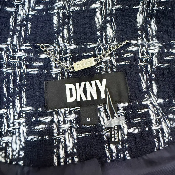 DKNY Art Basel Navy White Plaid Tweed Funnel Neck Jacket womens M - Image 4