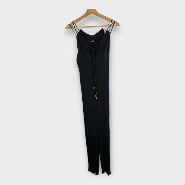 Zara Womens size Medium Crinkle Crepe Jumpsuit Beads Boho Beachy Feminine Black - Image 3