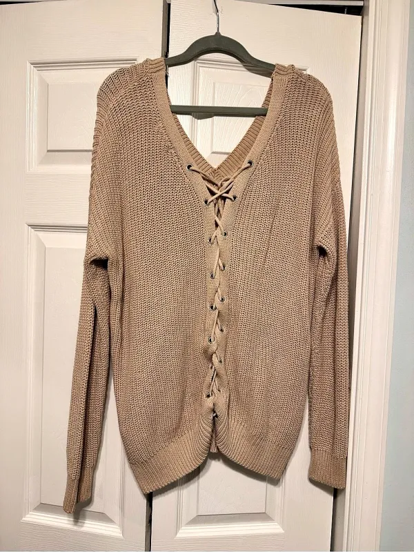 Forever 21 Lace-Up V-Neck Acrylic Sweater in Brown Size Medium - Image 3