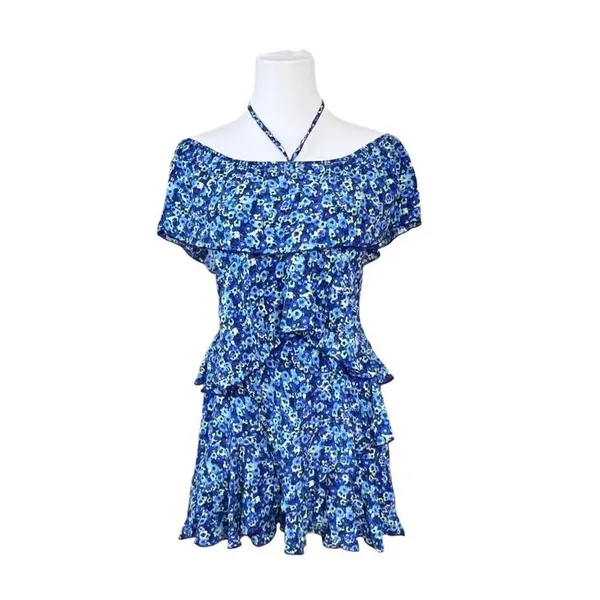 Zara Tiered Blue Floral Off the Shoulder Jumpsuit Romper MEDIUM Preppy‎ Ruffles - Image 4