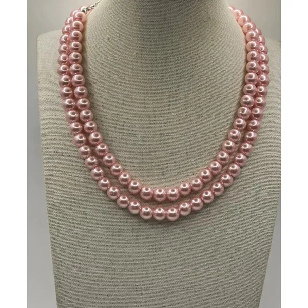 Vintage Pink Tone Double Strand Pink Faux Pearl Lightweight 33” Necklace - Image 6
