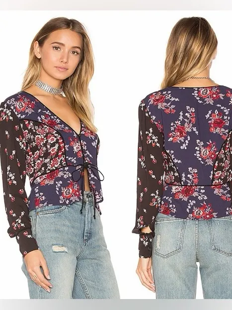 Free People The Way The World Turns Floral Boho Long Sleeve Blouse Top Medium - Image 2