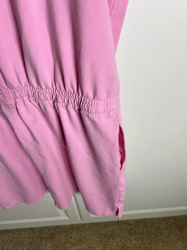 Soft pink sleeveless one-piece with an adjustable drawstring waist for a comfortable fit, with pockets. Lightweight cotton-blend fabric designed for easy movement. Simple, versatile style that pairs well with sneakers or sandals. Member’s mark size large. 57% cotton, 38% polyester, 5% spandex - Image 4