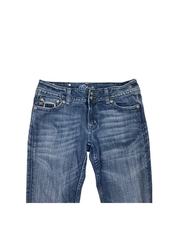 -Miss Me Boot Cut Denim Jeans Womens 29 Rhinestone Bling Flap Pocket Fleur de Li - Image 3