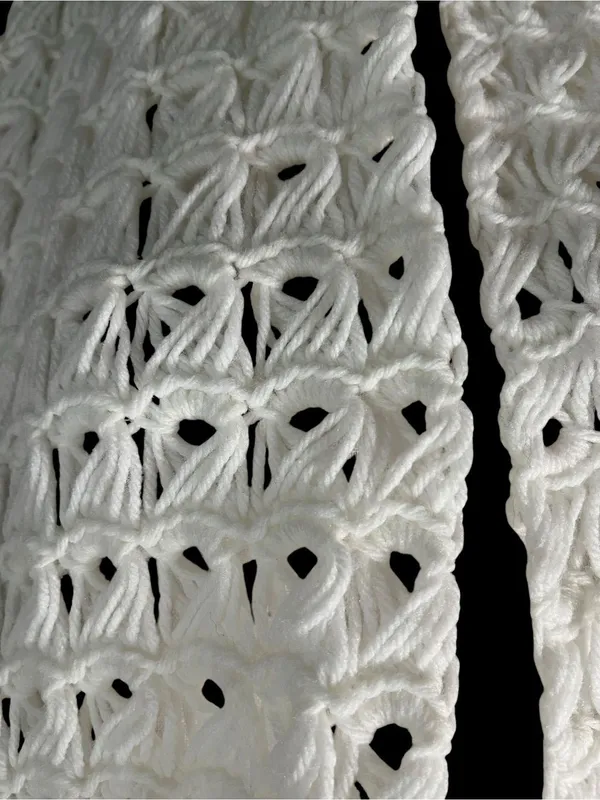 Handmade Vintage Hand Crochet Shawl Wrap Open Knit White Fringe - Image 2