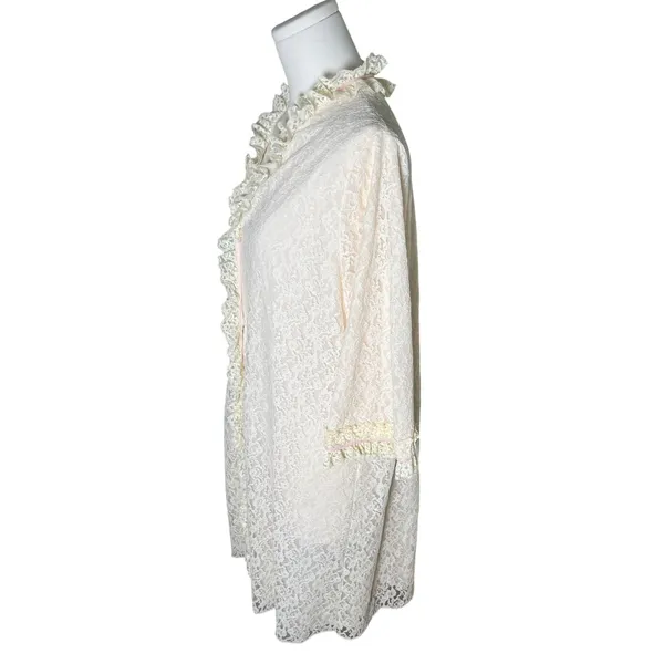 Vintage Lady Irene Lace Ruffle Peignoir Robe L Ivory Pink Ribbon Nylon Nightgown - Image 14