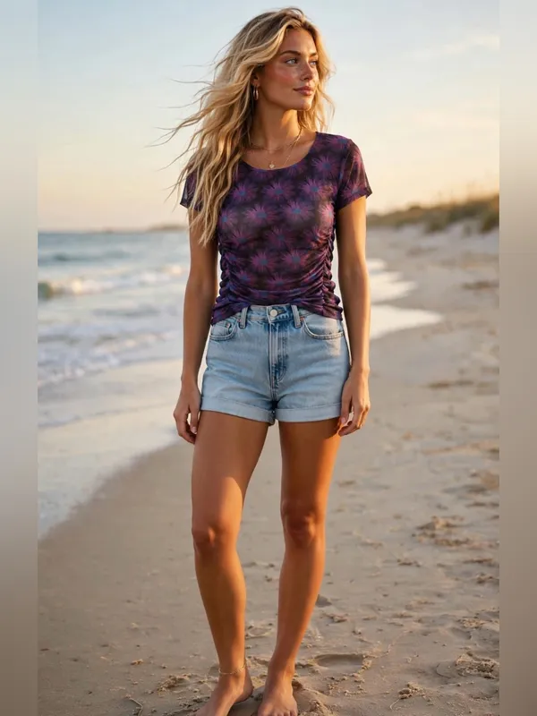 Free People NWT Purple Mesh Floral Ruched Women’s Tee Top Size M - Image 2