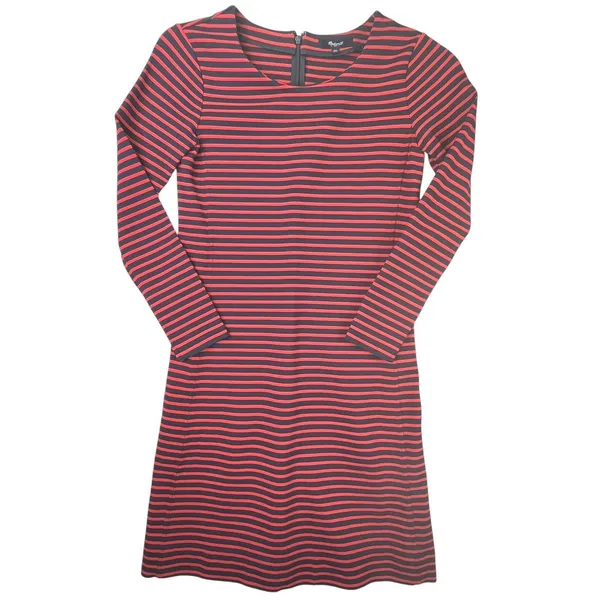 Madewell Mini Dress Shift Long Sleeve Striped Knit Crew Neck Red Navy‎ Women XS - Image 5