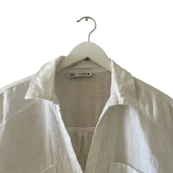 ZARA White Linen Blend Crop Button Up Shirt Boxy Minimalist Bohemian SZ L #1675 - Image 3