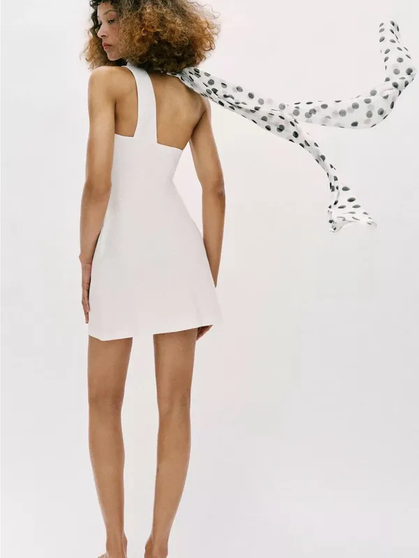 ZARA White One-Shoulder Mini Dress with Polka Dot Scarf - Image 3