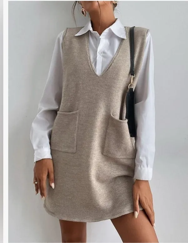 NEW Double Pocket Sleeveless V Neck Short Sweater Dress Jumper S - Image 3