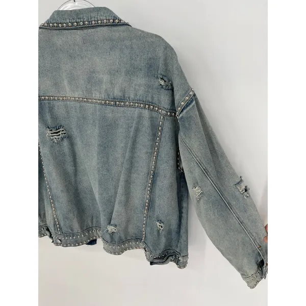 POL Denim Jean Jacket Womens S Blue Studded‎ Distressed Oversized - Image 14